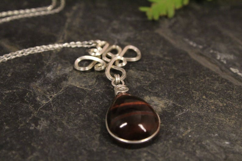 Red Tiger Eye Pendant Silver Wire Jewelry Handmade Jewellery Boho Necklace Everyday Beach