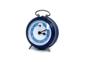 Navy blue Bayard alarm clock -- French retro decor -- restored old clock from France