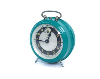 Turquoise retro Bayard alarm clock -- French vintage decor -- restored old clock from France