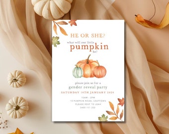 Pumpkin theme gender reveal invitation, What will our little pumpkin be, Fall baby shower, Editable Digital Invitation Instant download