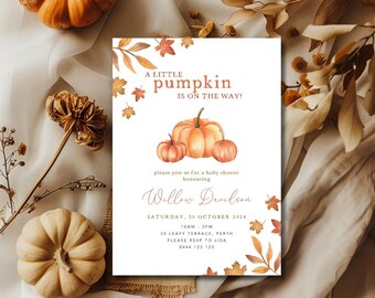 May include: A white baby shower invitation with a watercolor illustration of pumpkins and fall leaves. The text reads "A Little Pumpkin Is On The Way!" and includes the details of the shower, including the date, time, location, and RSVP information.
