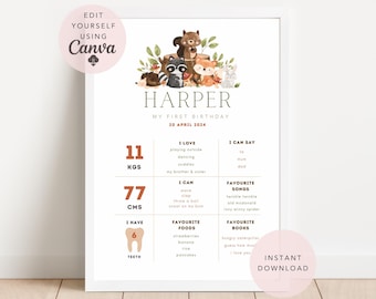 Tablero de hitos de animales del bosque, primer cumpleaños, animales del bosque, póster de cumpleaños, plantilla de cumpleaños, editable, neutral, descarga instantánea