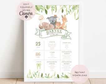 May include: A printable first birthday chart for a boy named Harvey. The chart features a green and white color scheme with illustrations of animals. The chart includes information about Harvey's weight, height, favorite foods, books, and songs. The chart is editable and can be printed at home or at a shop.