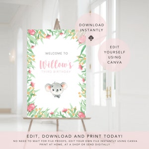 Pink Koala Australian Animal Welcome Sign, Digital Sign, Print Yourself