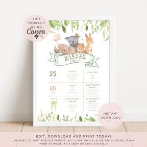 Australische Tiere Meilensteintafel, 1 Geburtstag, Geburtstagsposter, bearbeitbar, neutral, grün, sofort download