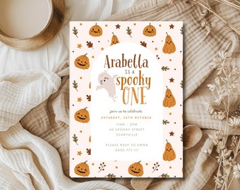 Spooky One First Birthday Invitation, Halloween invitation, cute ghost invite, Editable Digital Invitation Instant download