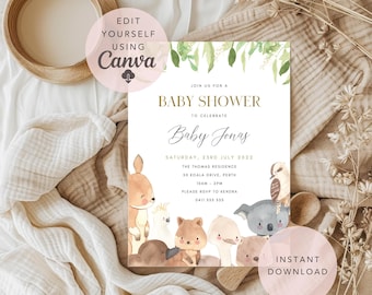 Puede incluir: Una invitación imprimible para un baby shower con un fondo de acuarela con hojas verdes y un grupo de animales australianos. El texto dice "Join us for a Baby Shower to celebrate Baby Jonas, Saturday, 23rd July 2022, The Thomas Residence, 50 Koala Drive, Perth, 10am-2pm, Please RSVP to Kendra, 0411 555 555". La invitación también incluye el texto "Edit, Download and Print Today! No need to wait for file proofs, edit your own file instantly using Canva, print at home, at a shop or send digitally."