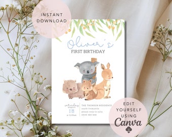 Puede incluir: Una invitación imprimible para un primer cumpleaños con una ilustración de acuarela de un koala, un canguro, un wombat y un opossum. La invitación está decorada con hojas de eucalipto y tiene un fondo rosa. El texto de la invitación dice "Oliver's First Birthday" e incluye la fecha, la hora y el lugar de la fiesta. La invitación también incluye el texto "Edit Yourself Using Canva" con una flecha de descarga.