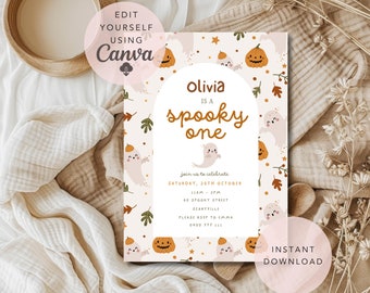 Spooky One First Birthday Invitation, Halloween invitation, cute ghost invite, Editable Digital Invitation Instant download