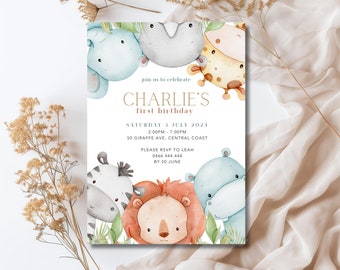 Safari animal first Birthday Invitation, Safari Invite, Jungle Invitation, Wild One, Editable Digital Invitation Template Instant download