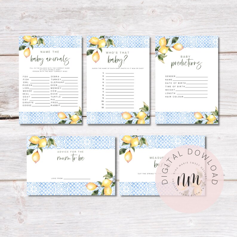 May include: Four printable baby shower game cards with a lemon and blue tile pattern. The cards include: Name the Baby Animals, Who's That Baby?, Baby Predictions, and Advice for the Mum to Be.