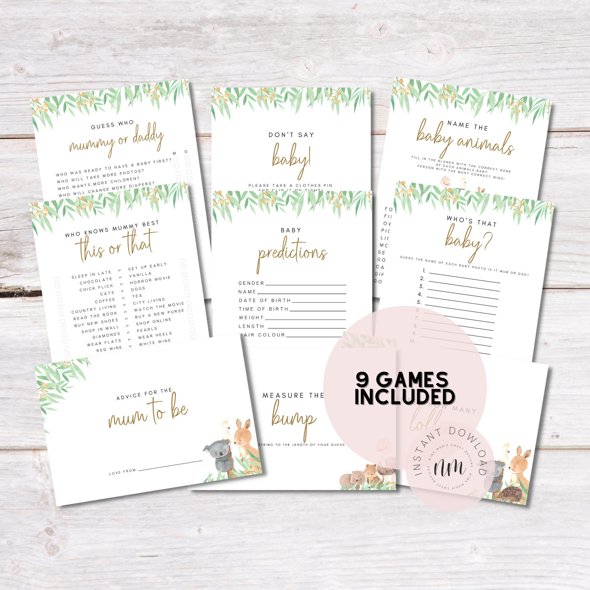 Australian Animal Baby Shower Games Bundle, Digital Printable, Print