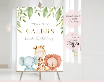 Editable Safari animals Birthday Welcome Sign, Jungle animals Birthday sign, Wild one theme Digital Instant download