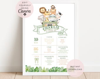 May include: A green and brown illustrated printable chart for a child's first birthday. The chart is titled "Charlie My First Year" and includes information about the child's weight, height, favorite foods, songs, and books. The chart features a cartoon jeep with animals on top.