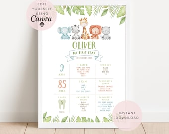 May include: A printable chart for a child's first birthday, featuring a jungle theme with animal illustrations. The chart includes information about the child's age, weight, height, favorite foods, songs, and books. The chart is customizable and can be edited using Canva.