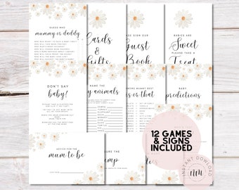 May include: Twelve printable baby shower games and signs with a daisy floral design. The games include "Guess Who: Mommy or Daddy", "Don't Say Baby", "Name the Baby Animals", "Who Knows Mommy Best", "Baby Predictions", "Cards & Gifts", "Guest Book", and "Babies are Sweet, Please Take a Treat".
