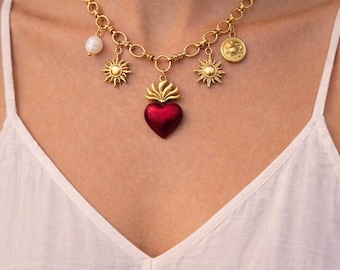 Gold Charm Necklace,  Charm Necklace, Vintage Style Chunky Necklace, Multi Charm Necklace, Sacred Heart red ex-voto necklace