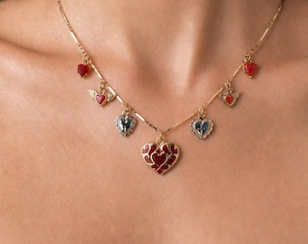 Gold Charm Necklace,  Charm Necklace, Vintage Style Chunky Necklace, Multi Charm Necklace, Sacred Heart red ex-voto necklace
