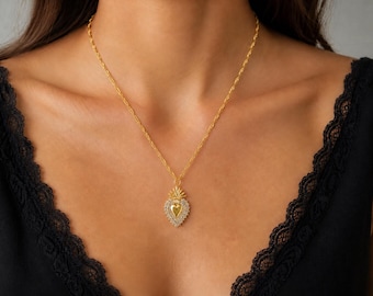 Heart Pendant Necklace, Stainless Steel Heart Pendant, Heart Necklace,  Gold Heart Necklace,  Sacred Heart ex-voto necklace