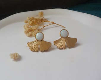 ginkgo earrings, opal earrings, ginkgo flower, gold plated pendant