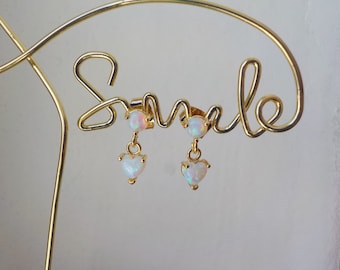 Opal heart earrings, Minimalist opal stud earrings, Gold-plated opal stud earrings, Opal stud earrings