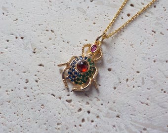 Royal Scarab Necklace, Goldfilled over Rhodium, Emerald Scarab Pendant, Egyptian Beetle Luck Charm, Scarab Jewelry