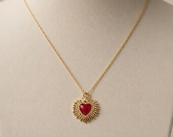 Gold Charm Necklace,  Charm Necklace, Vintage Style Chunky Necklace, Multi Charm Necklace, Sacred Heart red ex-voto necklace