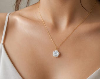Stainless steel necklace with rose pendant, mother of pearl necklace,  Women's fine chain necklace