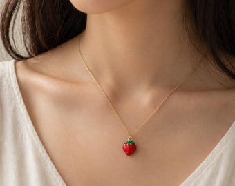 Enamel necklace, Strawberry Necklace, enamel Jewellery , Gift For Her, Bridesmaid Gift