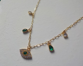 Charm-Halskette, minimalistische Halskette, Halskette mit bösem Blick, Smaragd-Charm-Halskette, Charm-Halskette, Zirkonium-Halskette