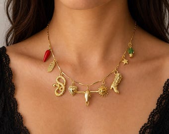Gold Charm Necklace,  Charm Necklace, Vintage Style Chunky Necklace, Multi Charm Necklace, Sacred Heart red ex-voto necklace
