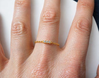 Adjustable Gold Ring with 3 Zircons – Minimalist Delicate Ring, Elegant Gift for Her