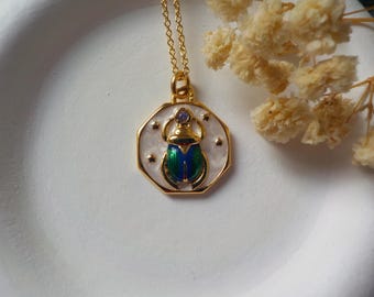 Royal Scarab Necklace, Goldfilled over Rhodium, Scarab Pendant, Egyptian Beetle Luck Charm, Scarab Jewelry
