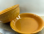 Homer Laughlin Oven Serve Pie Dish and Casserole Set in Pumpkin Embossed Floral Pattern 1930 s USA