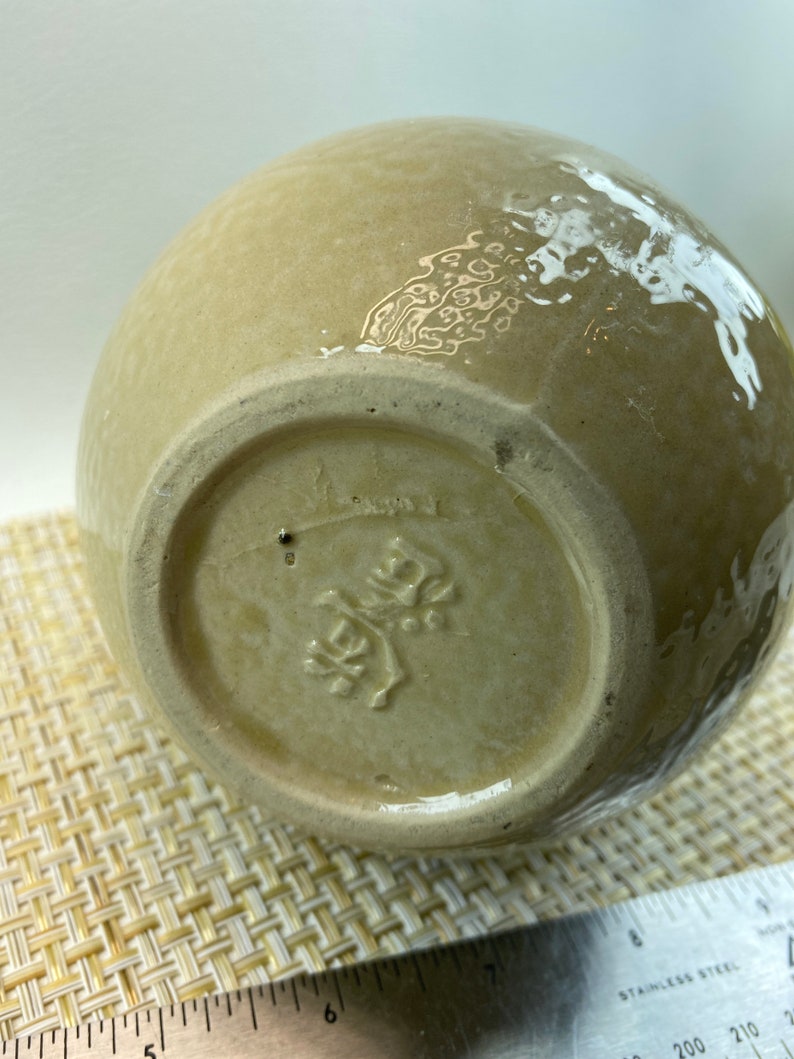 Japanese Vintage Double Gourd Pottery Vase 8.5 inches tall Jade Green on Beige Clay Signed