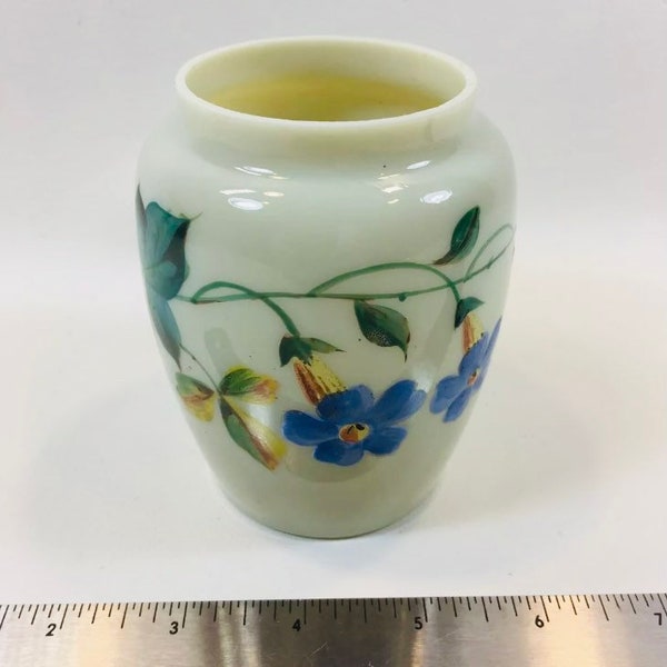 Vintage Opalesent Milk Glass 4” Vase-Hand Painted Vase Morning Glory Vine