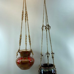 Vintage Drip Glaze Pottery Hanging Flower Pot Beaded Macrame