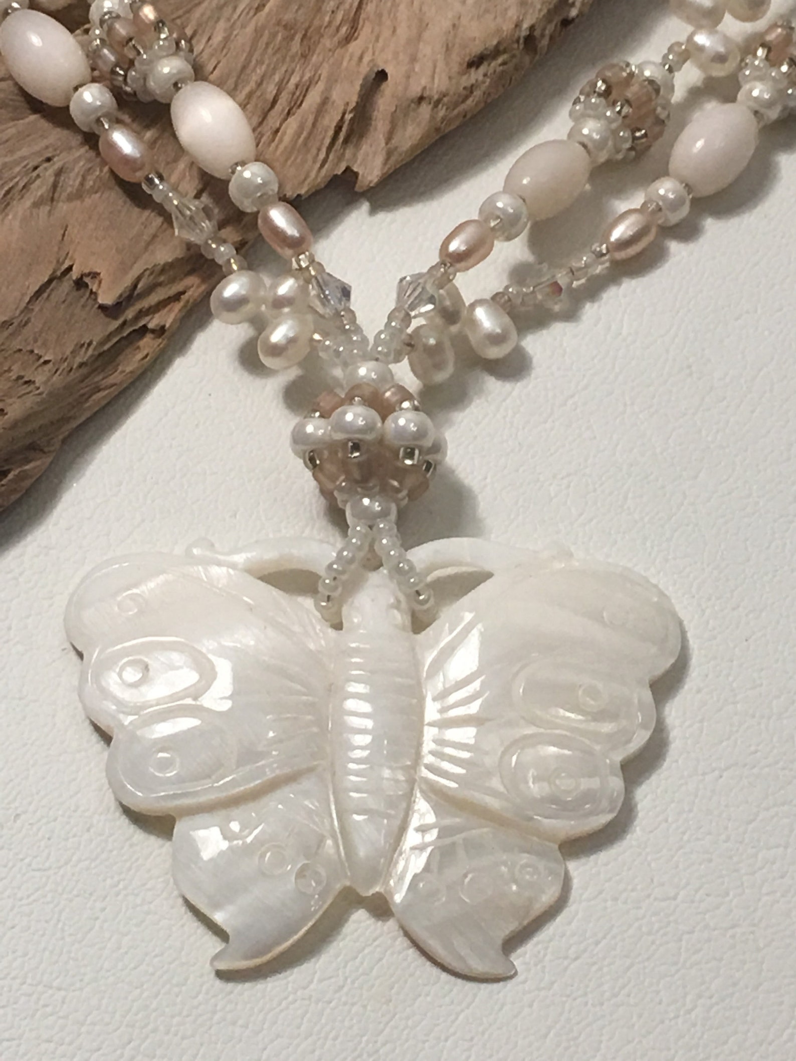 Carved Mother of Pearl Butterfly Pendant With Beaded Beads, Swarovski