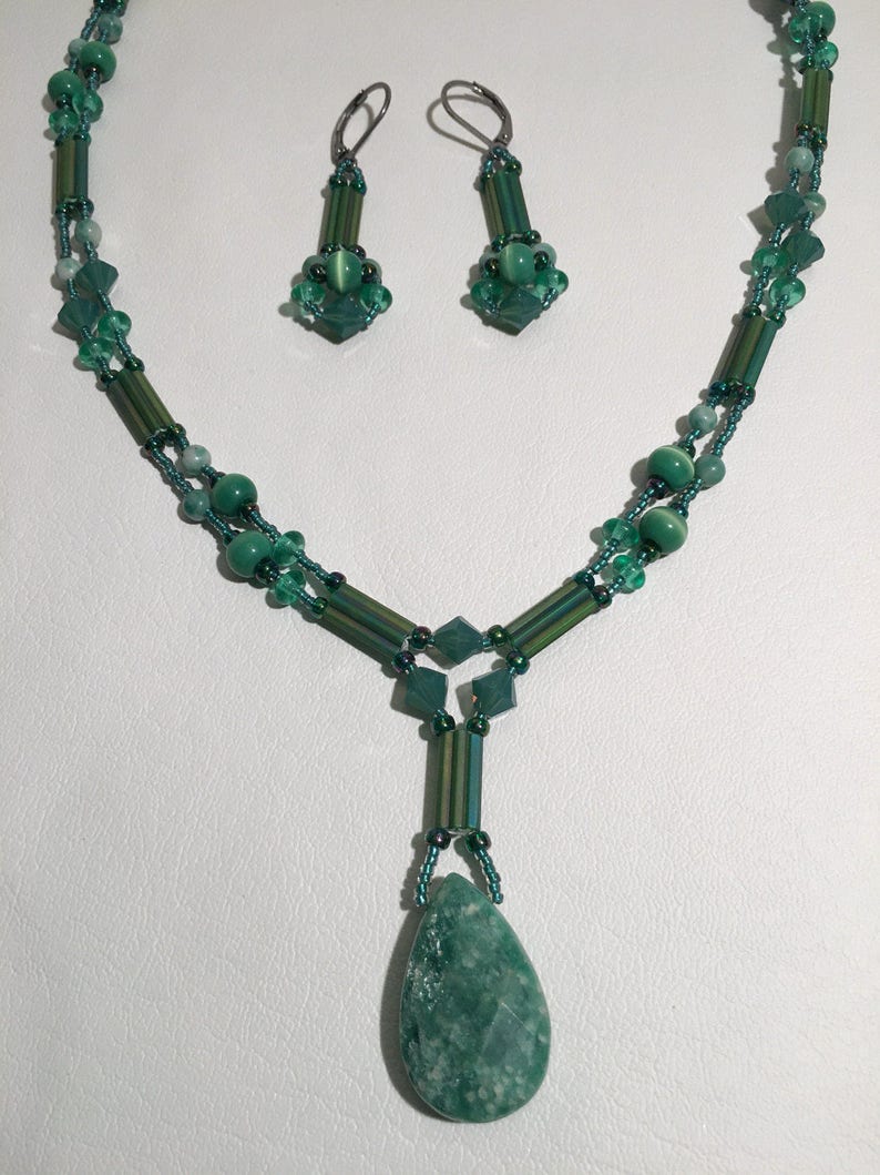 Green Russian Amazonite Pendant With Beaded Beads and Swarovski Opal