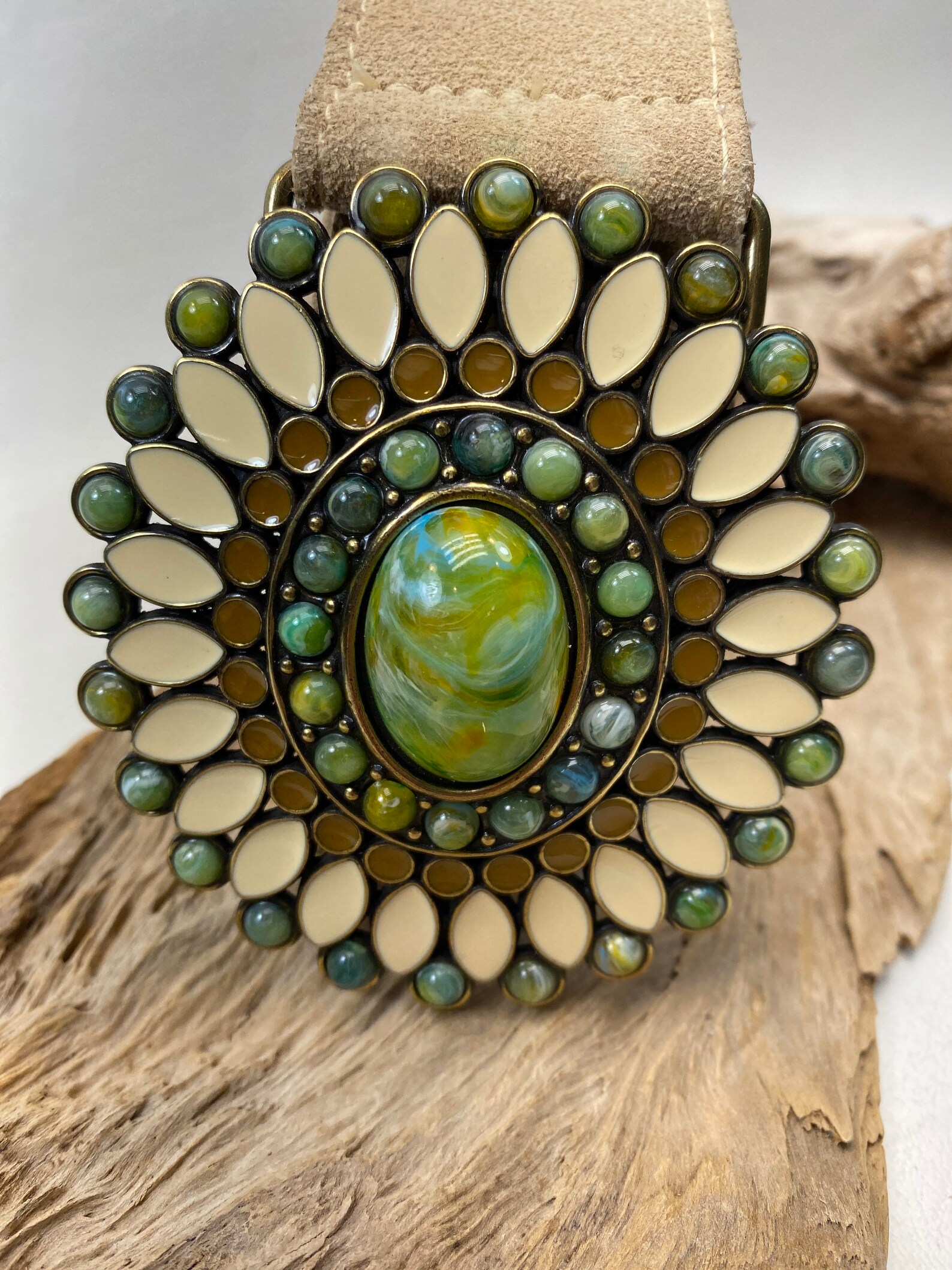 Vintage Antique Brass Belt Buckle With Enamel and Resin Stone Suede ...