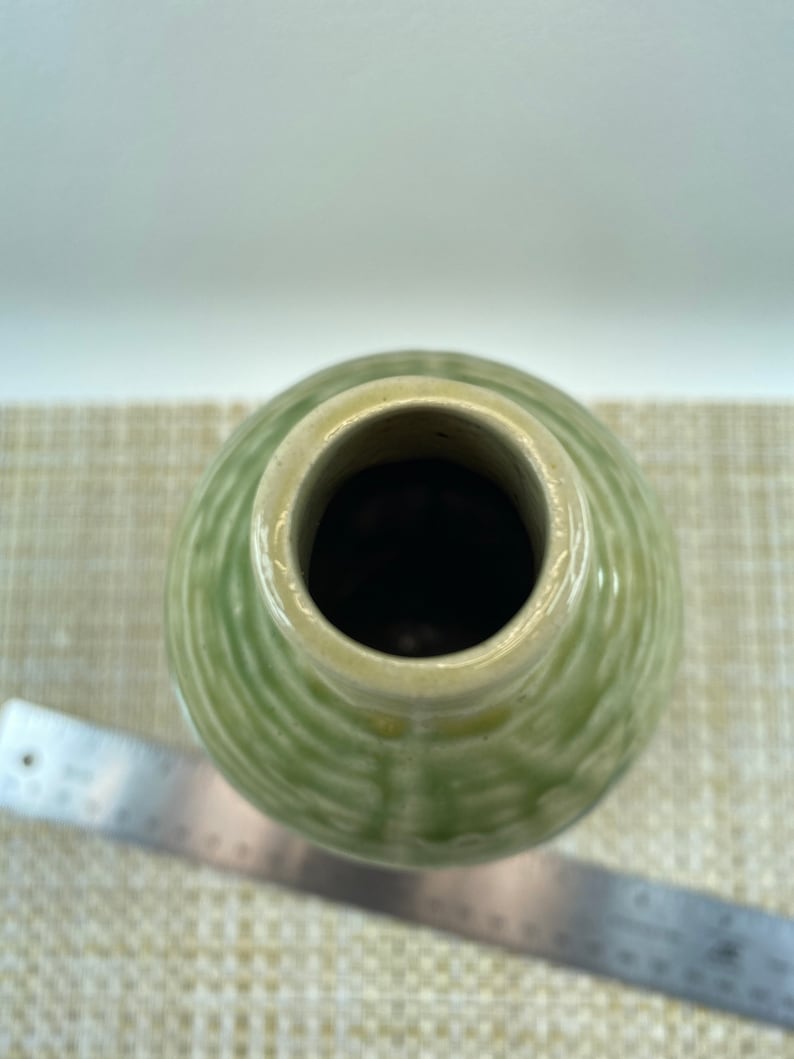 Japanese Vintage Double Gourd Pottery Vase 8.5 inches tall Jade Green on Beige Clay Signed