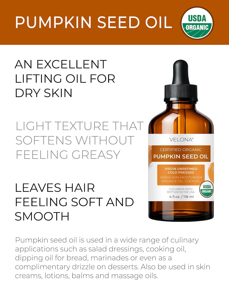 velona Pumpkin Seed Oil USDA Certified Organic - 4 Fl Oz | 100% Pure and Natural | Unrefined, Cold Pressed | Cooking, Hair & Skin image 2