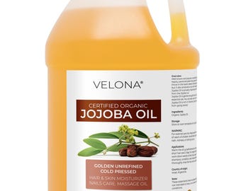 Aceite de jojoba Velona, certificado orgánico por el USDA - 1.9 litros | 100% puro y natural | Dorado, sin refinar, prensado en frío, sin hexano
