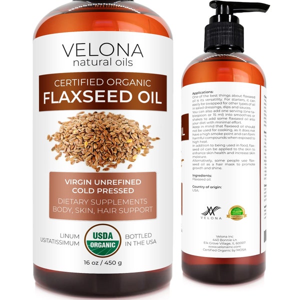 velona USDA Certified Organic Flaxseed Oil - 16 oz | 100% Pure and Natural Carrier Oil | Unrefined, Cold Pressed | Hair Growth & Skin Care