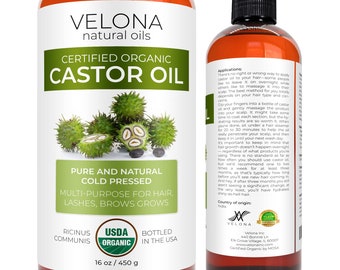 velona USDA Certified Organic Castor Oil - 16 oz (With Pump) | For Hair, Boost Eyelashes, Eyebrows | Cold pressed, USP Grade | Lash Serum