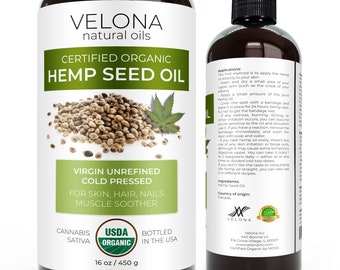 velona Hemp Seed Oil USDA Certified Organic - 16 oz | 100% Pure and Natural Carrier Oil | Unrefined, Cold Pressed | Hair & Skin Care