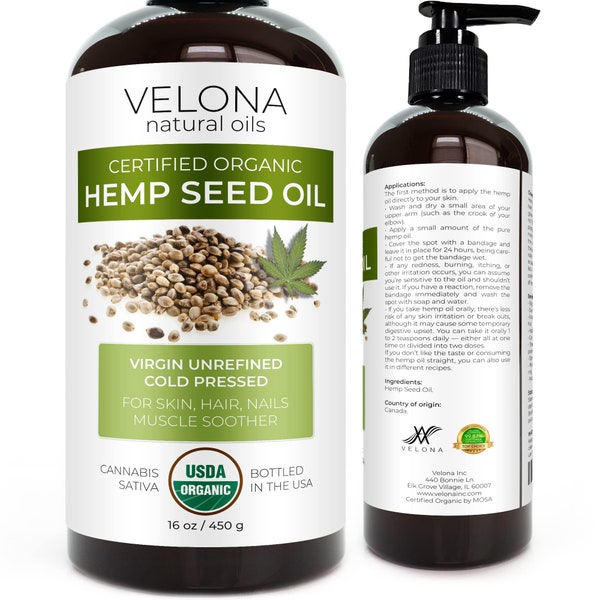 velona Hemp Seed Oil USDA Certified Organic - 16 oz | 100% Pure and Natural Carrier Oil | Unrefined, Cold Pressed | Hair & Skin Care