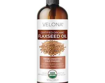 velona USDA Certified Organic Flaxseed Oil - 16 Fl Oz 100% Pure and Natural Carrier Oil | Unrefined, Cold Pressed | Hair Growth & Skin Care