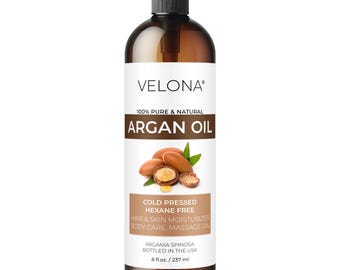 Aceite de argán Velona - 237 ml | 100 % puro y natural | Aceite de Marruecos | Cuidado de la piel, el cuerpo y el rostro | Protector de uñas | Sin refinar, prensado en frío