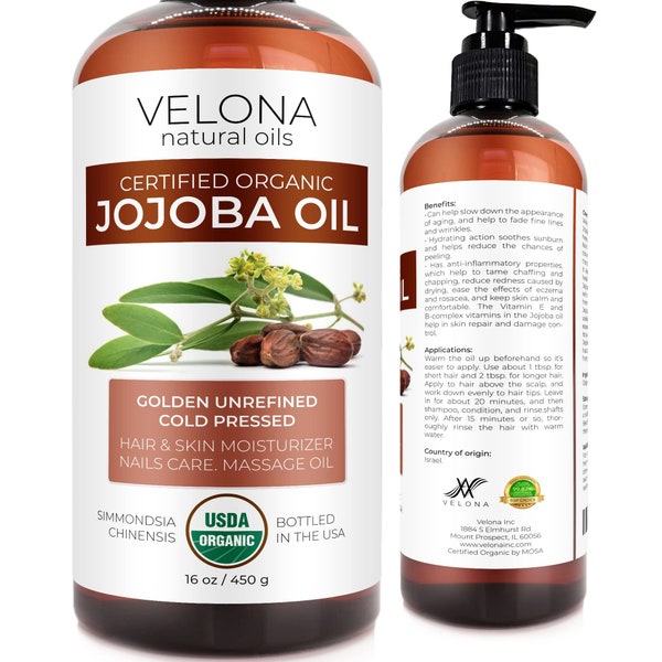 velona Jojoba Oil USDA Certified Organic - 16 oz (With Pump) | 100% Pure and Natural | Golden, Unrefined, Cold Pressed | Hair, Body, Skin